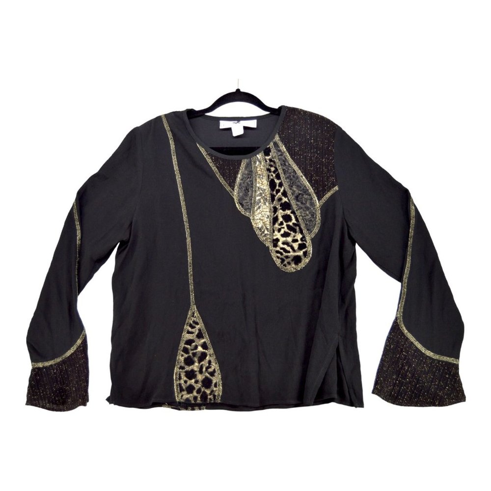 Tommy N Loulou Shirt Top‎ Blouse Patchwork Artsy Flowy Drapey Black Gold Lined L